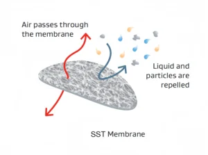 ePTFE membrane diagram showing air passing through the porous structure while liquid droplets and particles are repelled