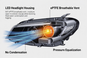 LED automotive headlight with SST ePTFE breathable vent eliminating condensation while maintaining waterproof dustproof IP68 performance