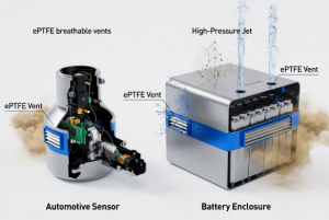 ePTFE breathable vents maintaining IP67 IP68 IP69K protection in automotive sensors and new energy battery enclosures under harsh conditions