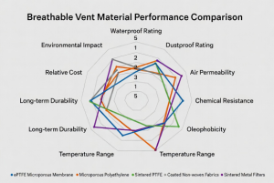 Radar chart comparing ePTFE microporous membrane performance vs microporous PE, sintered PTFE, coated non-woven fabrics and sintered metal filters across waterproofing, breathability, durability and other key criteria