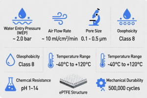 Diagram of key testing standards and validation methods for IP68 ePTFE breathable valves in EV battery applications