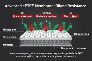 Microporous structure of advanced ePTFE membrane with oleophobic treatment for IP69K NEV venting
