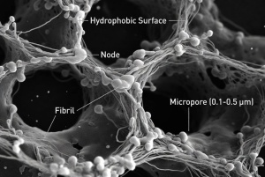 Scanning electron microscope view of ePTFE microporous membrane node and fibril structure for breathable automotive vents