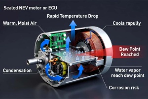 Condensation formation inside sealed NEV motor and ECU enclosures due to temperature changes