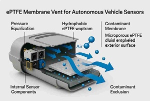 Technical diagram of ePTFE membrane vent showing pressure equalization and contaminant exclusion in autonomous vehicle sensor enclosures