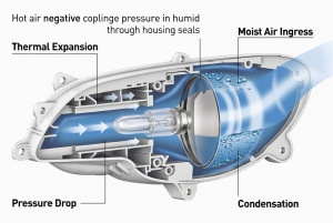 Technical cutaway diagram showing automotive headlight condensation formation due to pressure imbalance and moisture ingress, with ePTFE venting solution concept