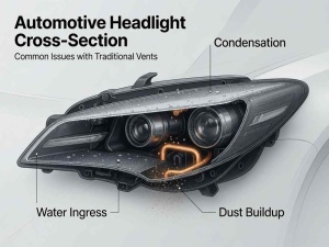 Professional comparison infographic of ePTFE versus traditional materials for automotive headlight vents highlighting air permeability, water protection and durability