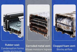 Comparison infographic showing limitations of traditional waterproofing materials: rubber seal causing condensation, corroded metal vent, and clogged foam vent