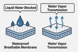 Technical diagram illustrating waterproof breathable membrane principle: liquid water blocked vs water vapor transmission through micropores