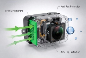 Cutaway view of automotive camera housing with ePTFE vent preventing internal fogging and moisture ingress