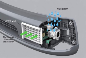 Cutaway of automotive radar sensor housing with ePTFE vent showing pressure equalization and moisture blocking