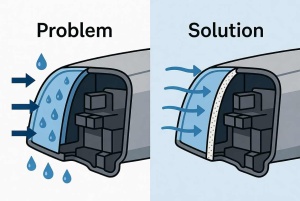 Schematic comparing headlight condensation problem versus ePTFE vent membrane solution