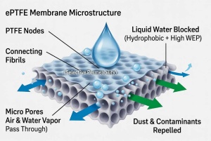 Diagram comparing pressure differentials and seal stress in enclosures with ordinary vent holes versus professional ePTFE vents showing dramatic reduction in failure risk