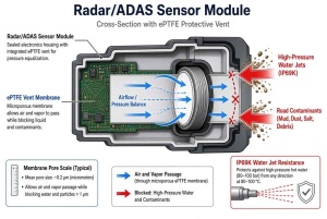 Schematic of ePTFE protective vent in an automotive radar or ADAS sensor module providing pressure balance and resistance to water jets