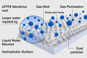 Magnified technical diagram of ePTFE protective vent membrane microstructure allowing gas flow while blocking liquid water and particles