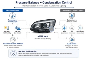 Diagram illustrating dual function of ePTFE vents for pressure balance and condensation control in automotive lighting