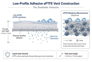 Technical illustration of low-profile adhesive ePTFE vent construction showing thin membrane stack and microporous vapor transmission principle