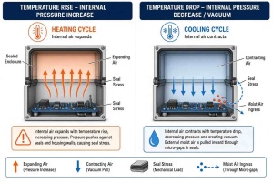 Technical diagram showing how temperature changes create pressure differentials and vacuum effects inside sealed electronic enclosures