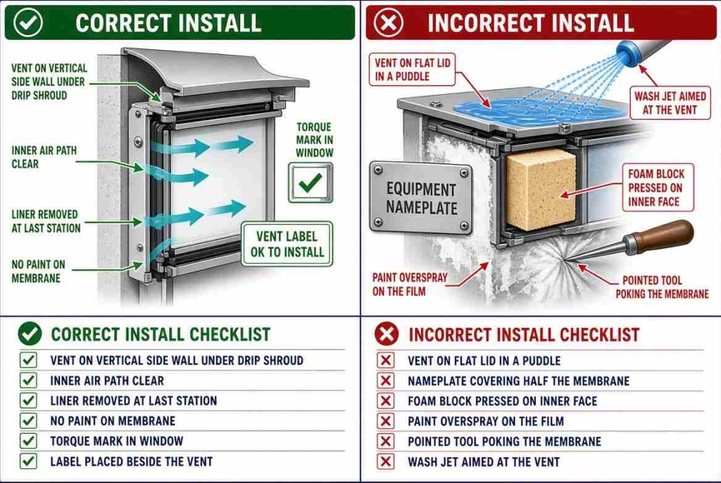 Correct versus incorrect protective vent installation including placement, labels, foam and paint