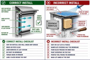 Correct versus incorrect protective vent installation including placement, labels, foam and paint