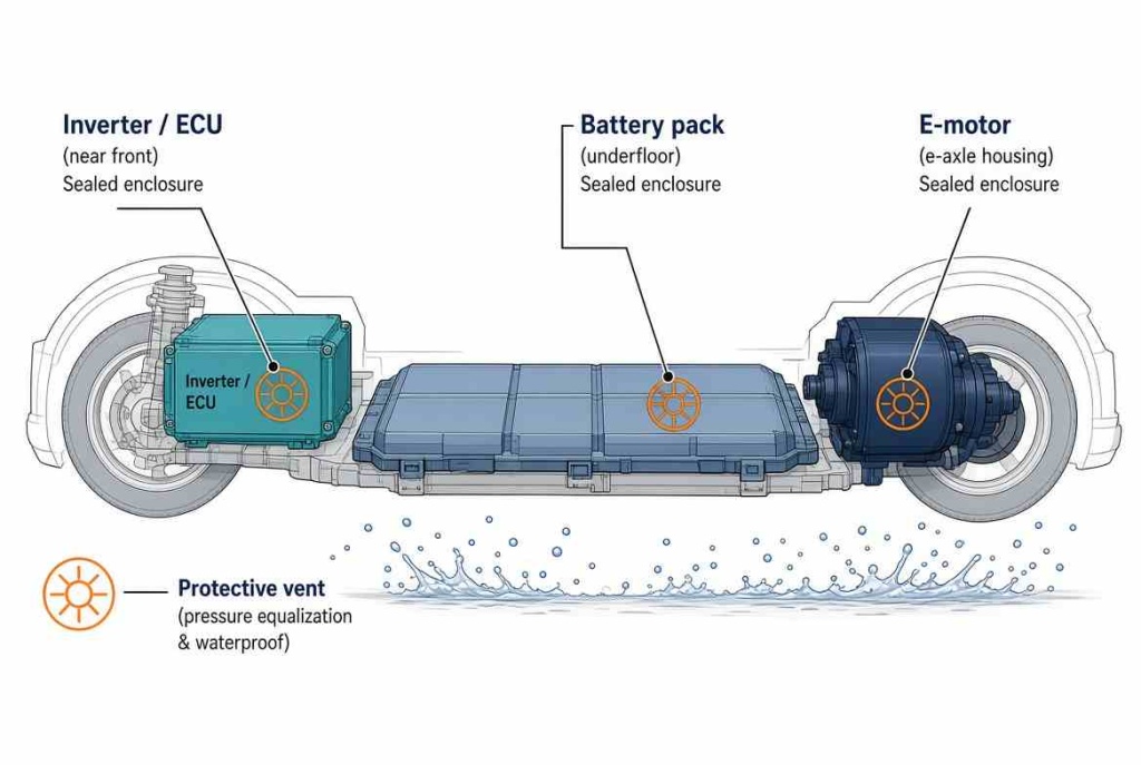 Color diagram of protective vent locations on NEV battery pack, inverter ECU and electric motor housings