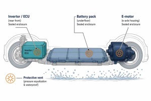 Color diagram of protective vent locations on NEV battery pack, inverter ECU and electric motor housings