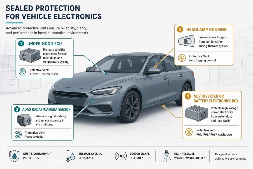 Automotive application map showing protective vents on ECU, headlamp, ADAS radar sensor, and new energy vehicle power electronics housings