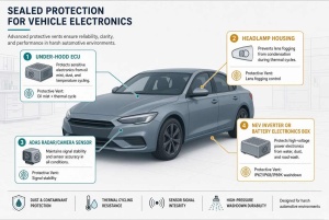 Automotive application map showing protective vents on ECU, headlamp, ADAS radar sensor, and new energy vehicle power electronics housings