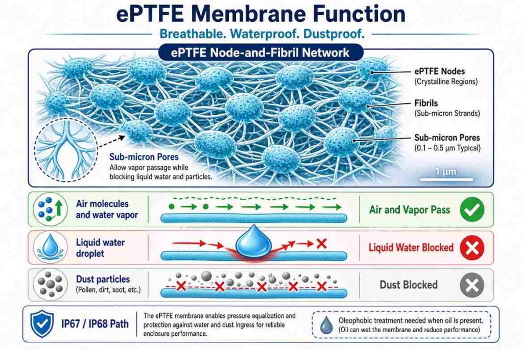 ePTFE membrane diagram showing air and vapor passing while liquid water and dust are blocked