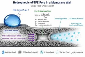Cross-section of a hydrophobic ePTFE pore showing water entry pressure blocking liquid water while air and vapor still pass