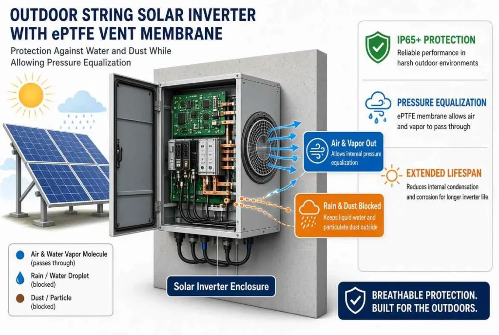 ePTFE vent membrane on a solar inverter outdoor enclosure equalizing pressure and blocking rain and dust
