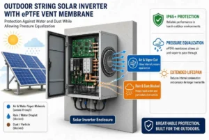 ePTFE vent membrane on a solar inverter outdoor enclosure equalizing pressure and blocking rain and dust
